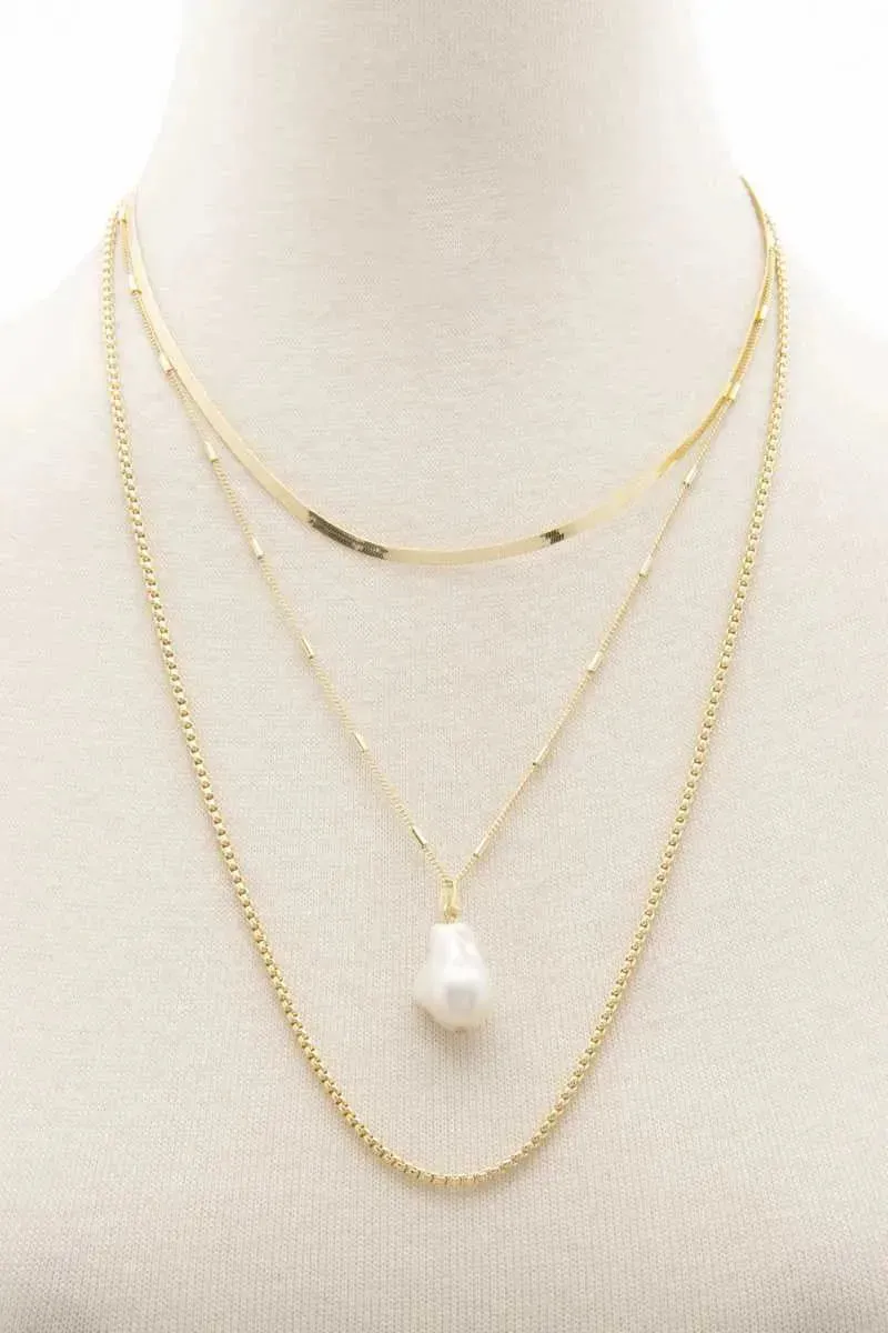 Pearl Herringbone Link Layered Necklace