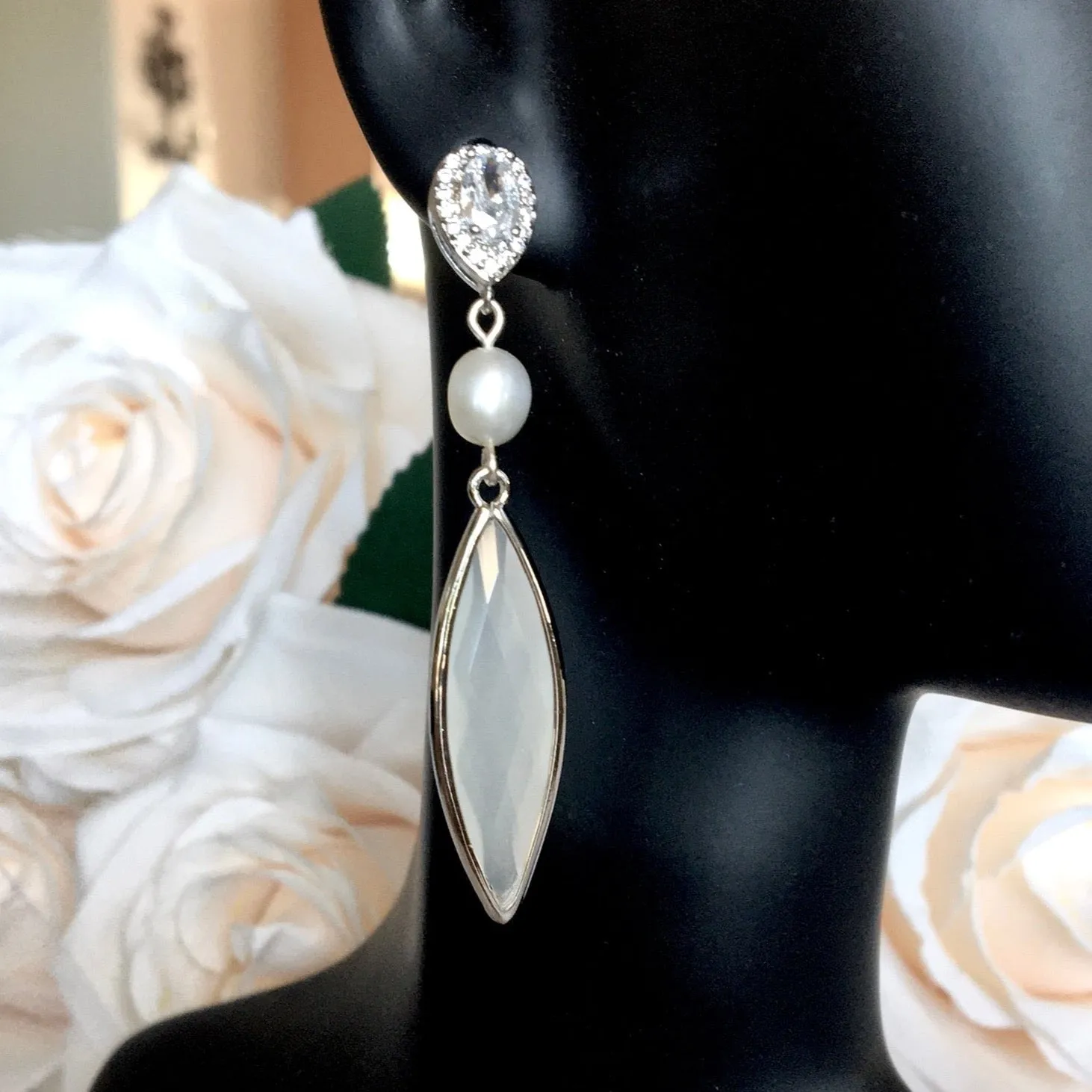 "Lake" - Natural Pearls and White Opal Bridal Earrings