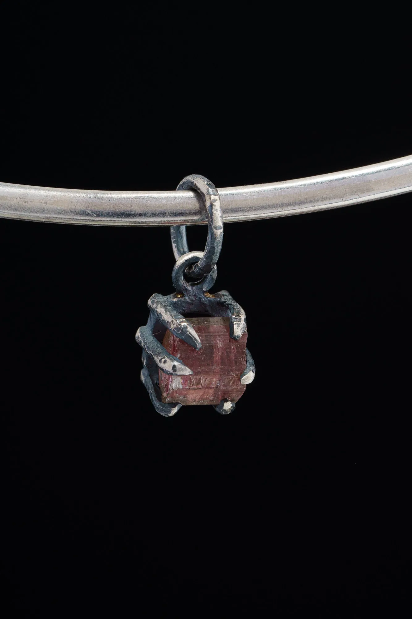 Raw Gemmy Pink Tourmaline Rubellite - Oxidised Sterling Silver - Strong Claw Wire Setting  - Hammer Textured - Pendant Crystal Necklace