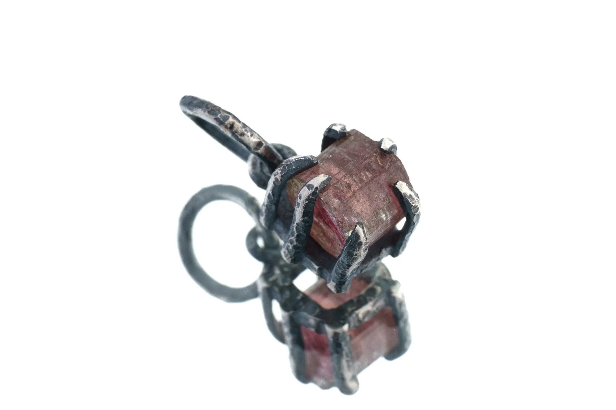 Raw Gemmy Pink Tourmaline Rubellite - Oxidised Sterling Silver - Strong Claw Wire Setting  - Hammer Textured - Pendant Crystal Necklace