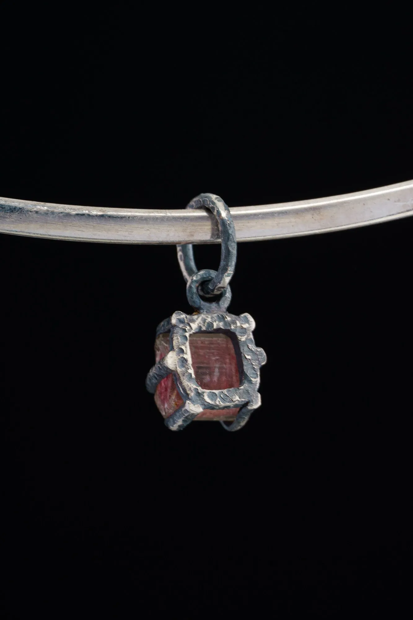 Raw Gemmy Pink Tourmaline Rubellite - Oxidised Sterling Silver - Strong Claw Wire Setting  - Hammer Textured - Pendant Crystal Necklace