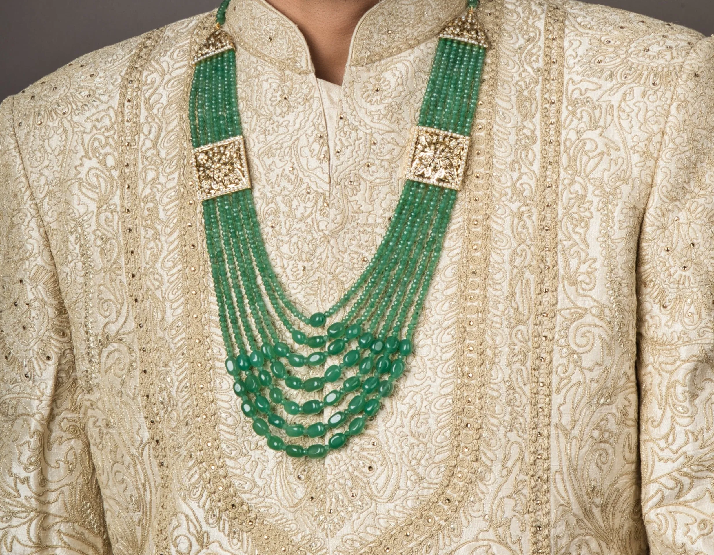 Regal Long Mint Green Groom Sherwani Mala