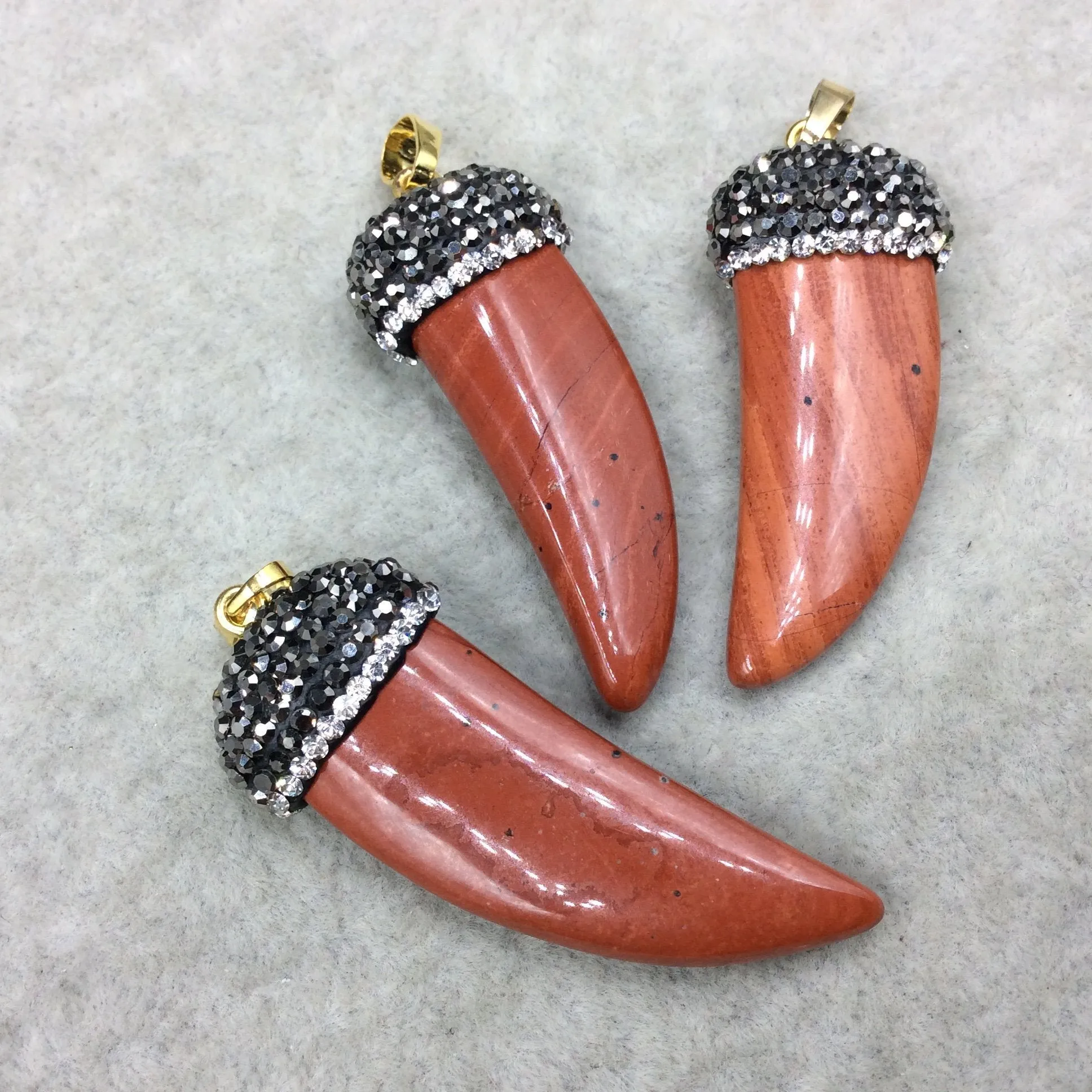 Rhinestone Encrusted Tusk/Claw Shaped Mottled Red Jasper Pendant W Gold Bail  ~ 19mm x 43mm, Approx. - Sold Individually