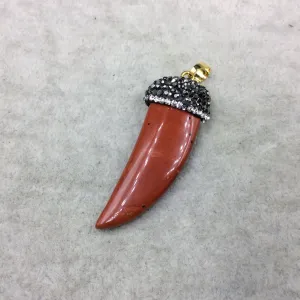 Rhinestone Encrusted Tusk/Claw Shaped Mottled Red Jasper Pendant W Gold Bail  ~ 19mm x 43mm, Approx. - Sold Individually