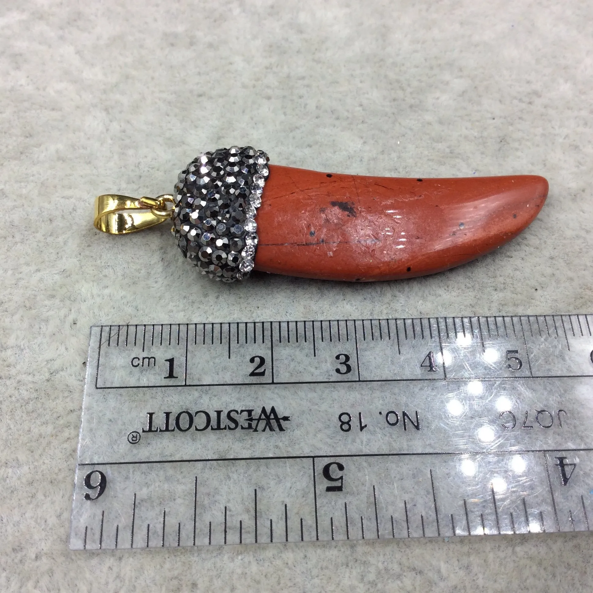 Rhinestone Encrusted Tusk/Claw Shaped Mottled Red Jasper Pendant W Gold Bail  ~ 19mm x 43mm, Approx. - Sold Individually