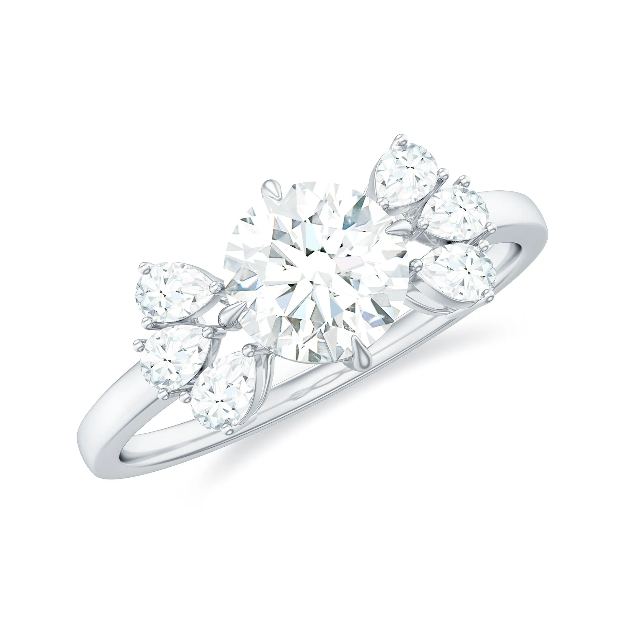 Round Cut Moissanite Solitaire Engagement Ring with Trio