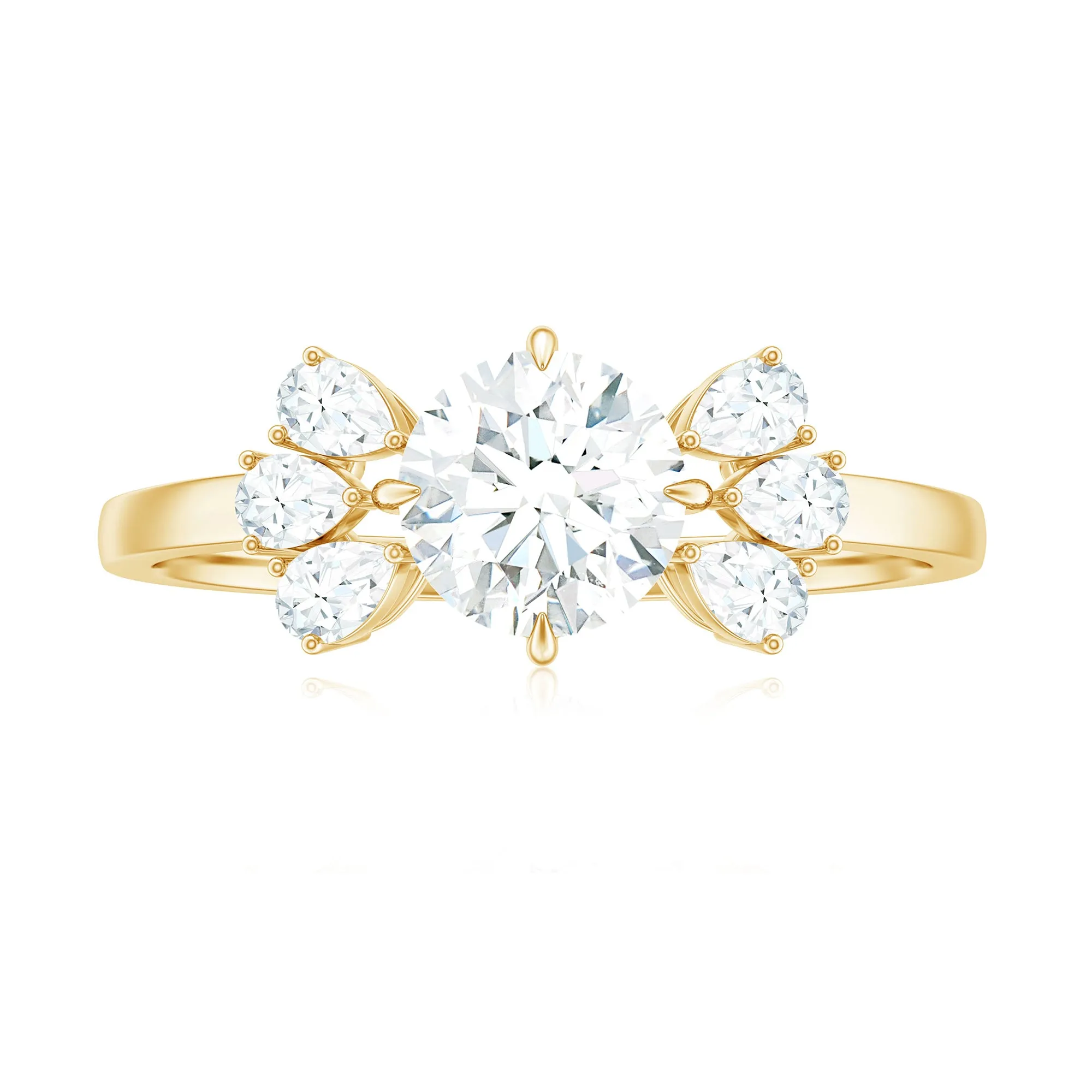 Round Cut Moissanite Solitaire Engagement Ring with Trio