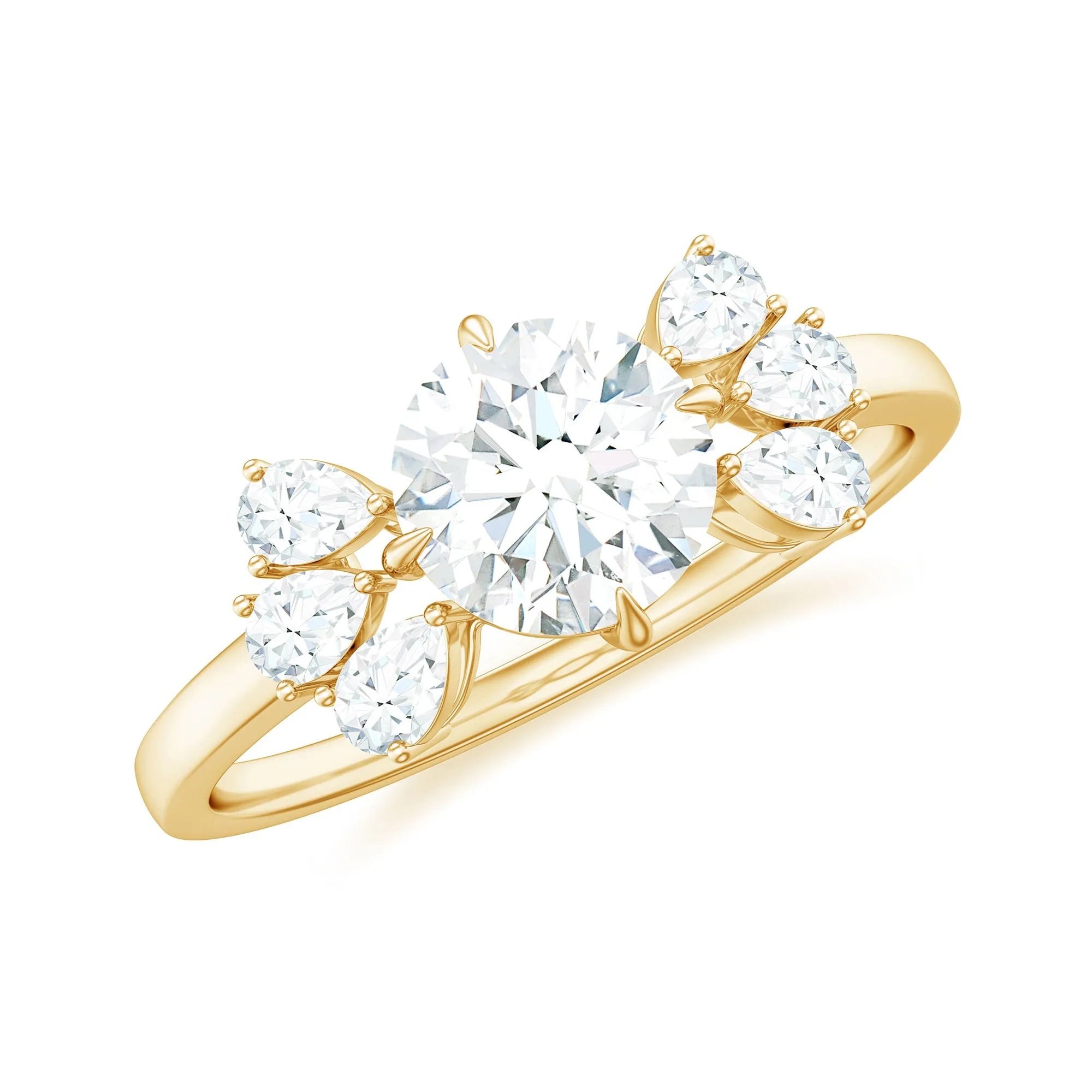 Round Cut Moissanite Solitaire Engagement Ring with Trio