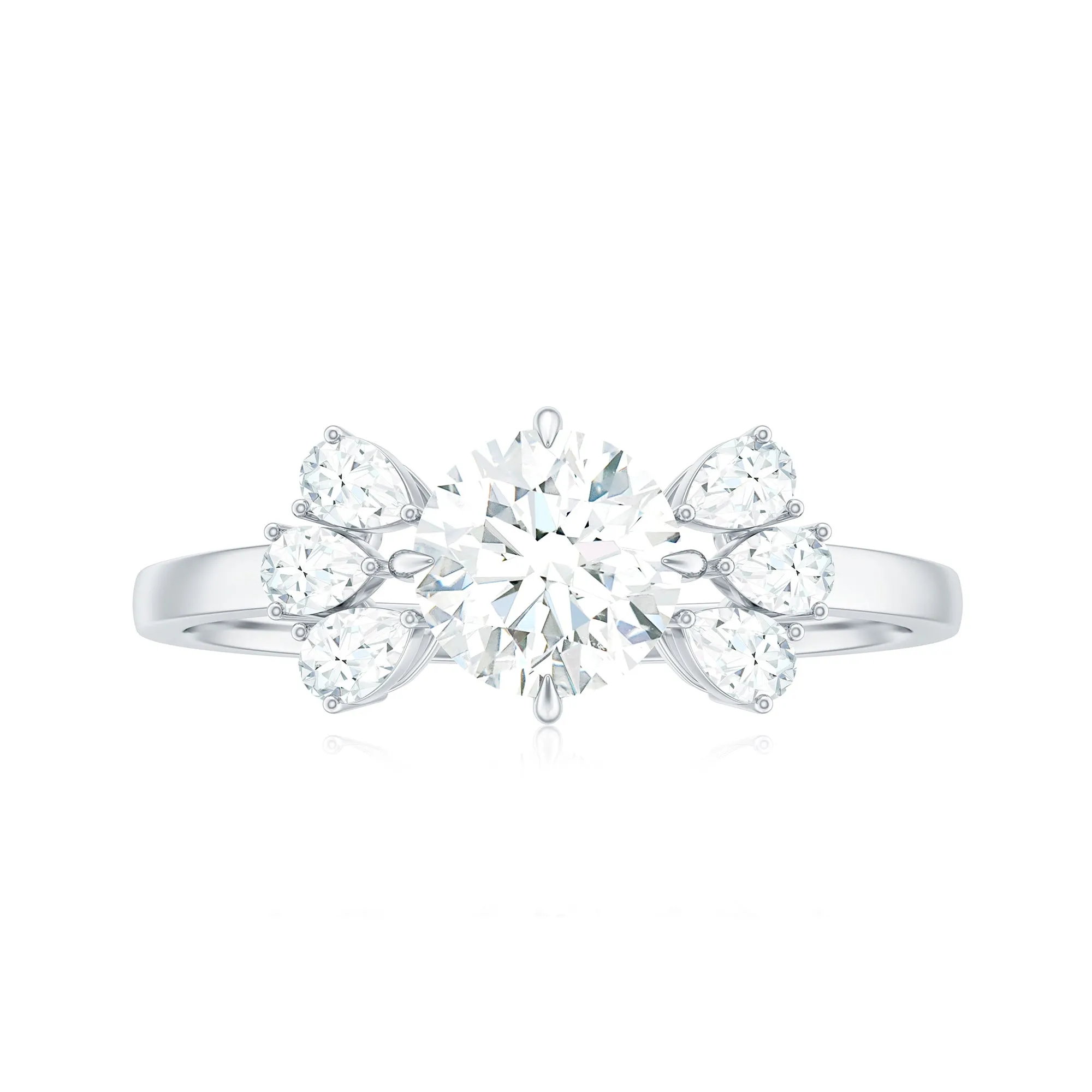 Round Cut Moissanite Solitaire Engagement Ring with Trio