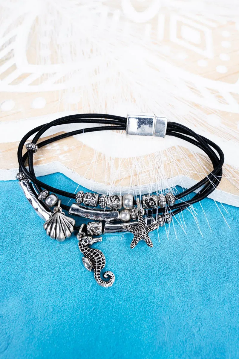 SALE! Sea Life Charm Black Cord Magnetic Bracelet