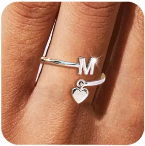 Silver Initial Rings for Women Non Tarnish Thumb Rings Sterling Silver Plated Adjustable Rings for Women Stackable Heart Ring letter rings for women