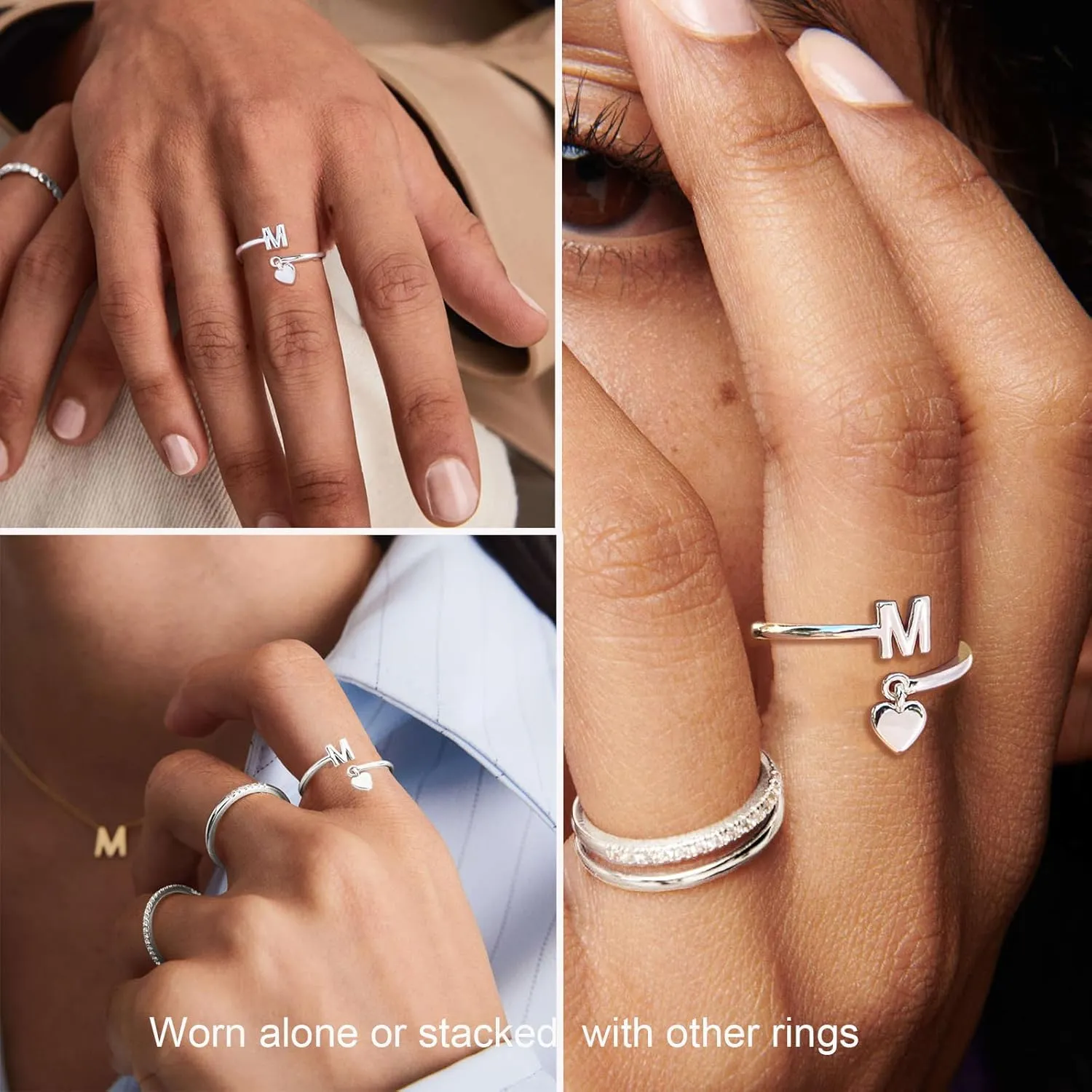 Silver Initial Rings for Women Non Tarnish Thumb Rings Sterling Silver Plated Adjustable Rings for Women Stackable Heart Ring letter rings for women