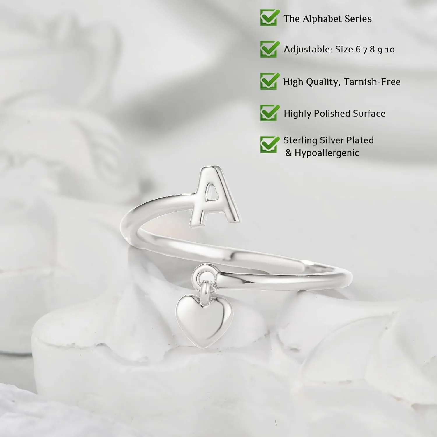 Silver Initial Rings for Women Non Tarnish Thumb Rings Sterling Silver Plated Adjustable Rings for Women Stackable Heart Ring letter rings for women