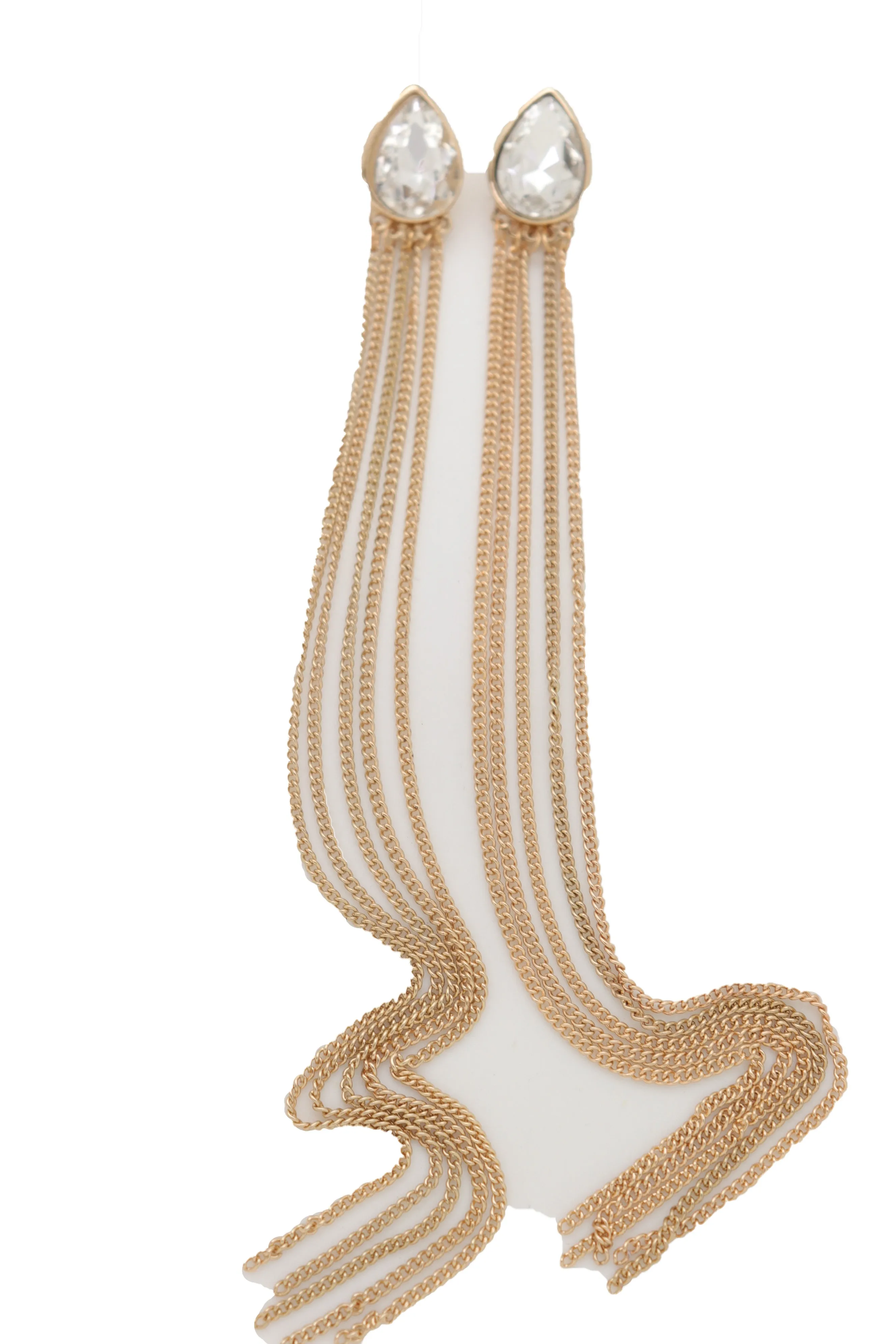 Silver Teardrop Gem Extra Long Gold Metal Tassel Earrings