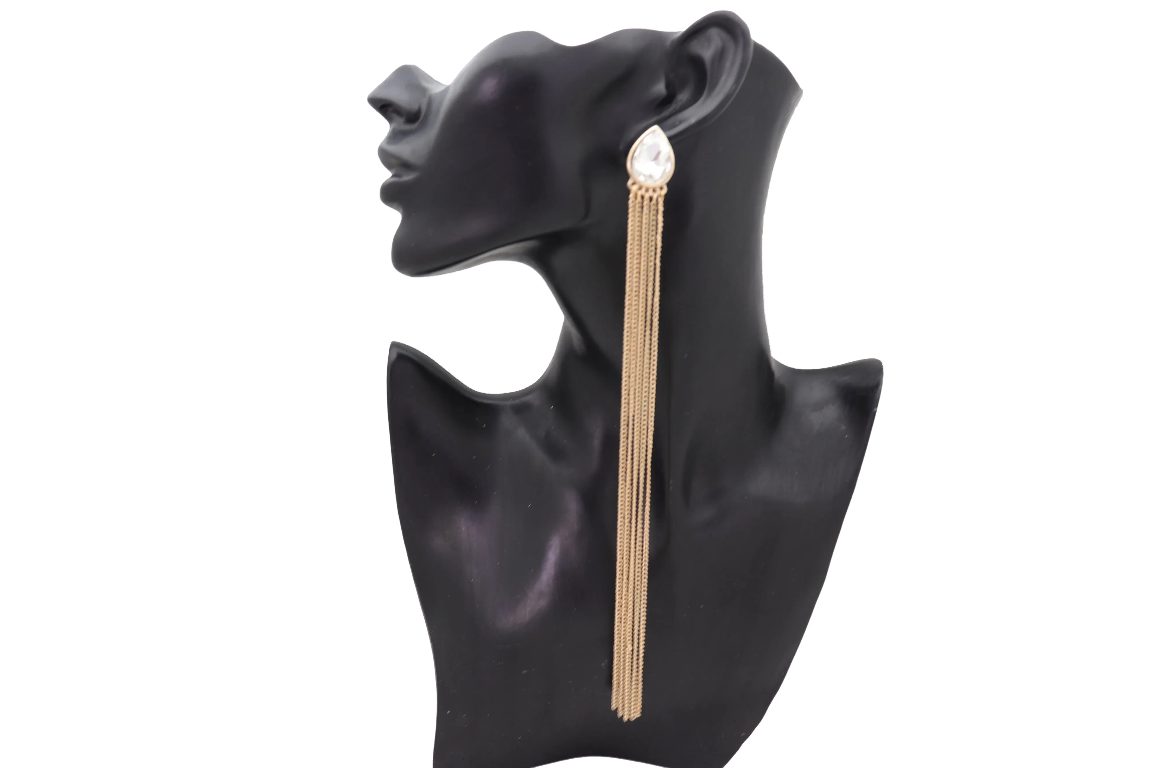 Silver Teardrop Gem Extra Long Gold Metal Tassel Earrings