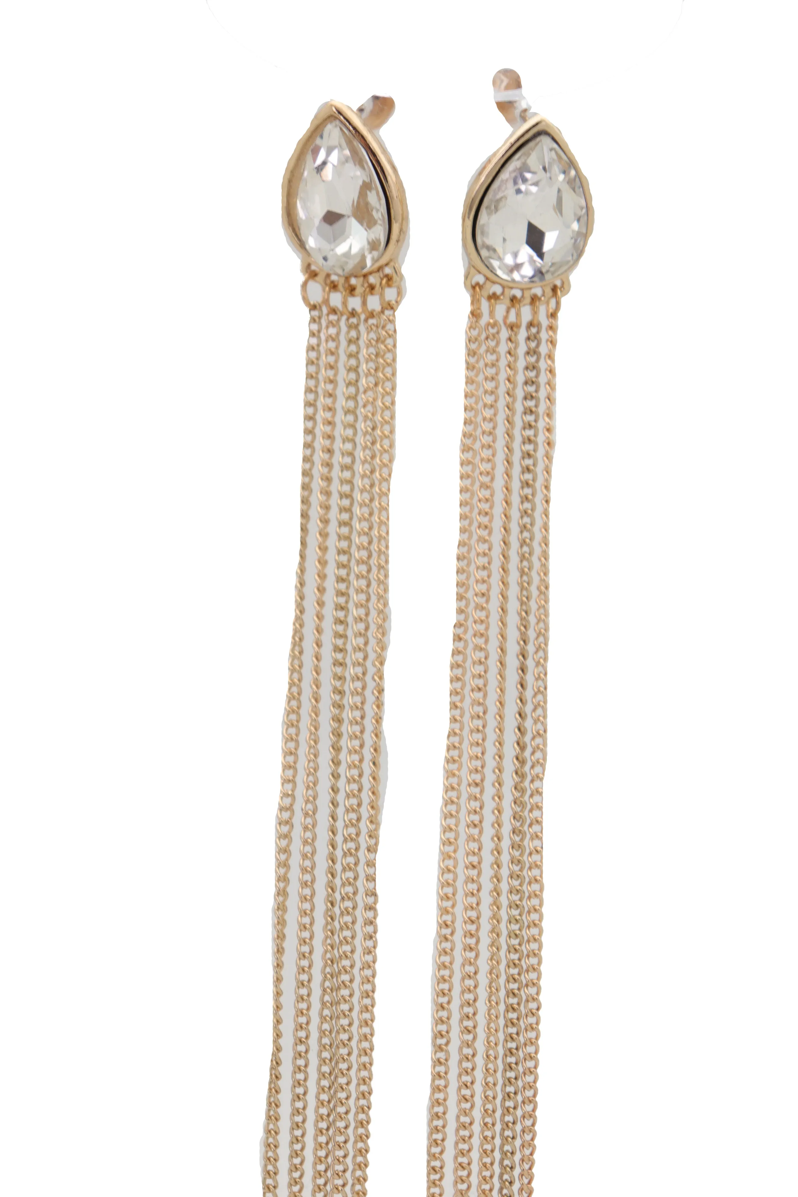 Silver Teardrop Gem Extra Long Gold Metal Tassel Earrings