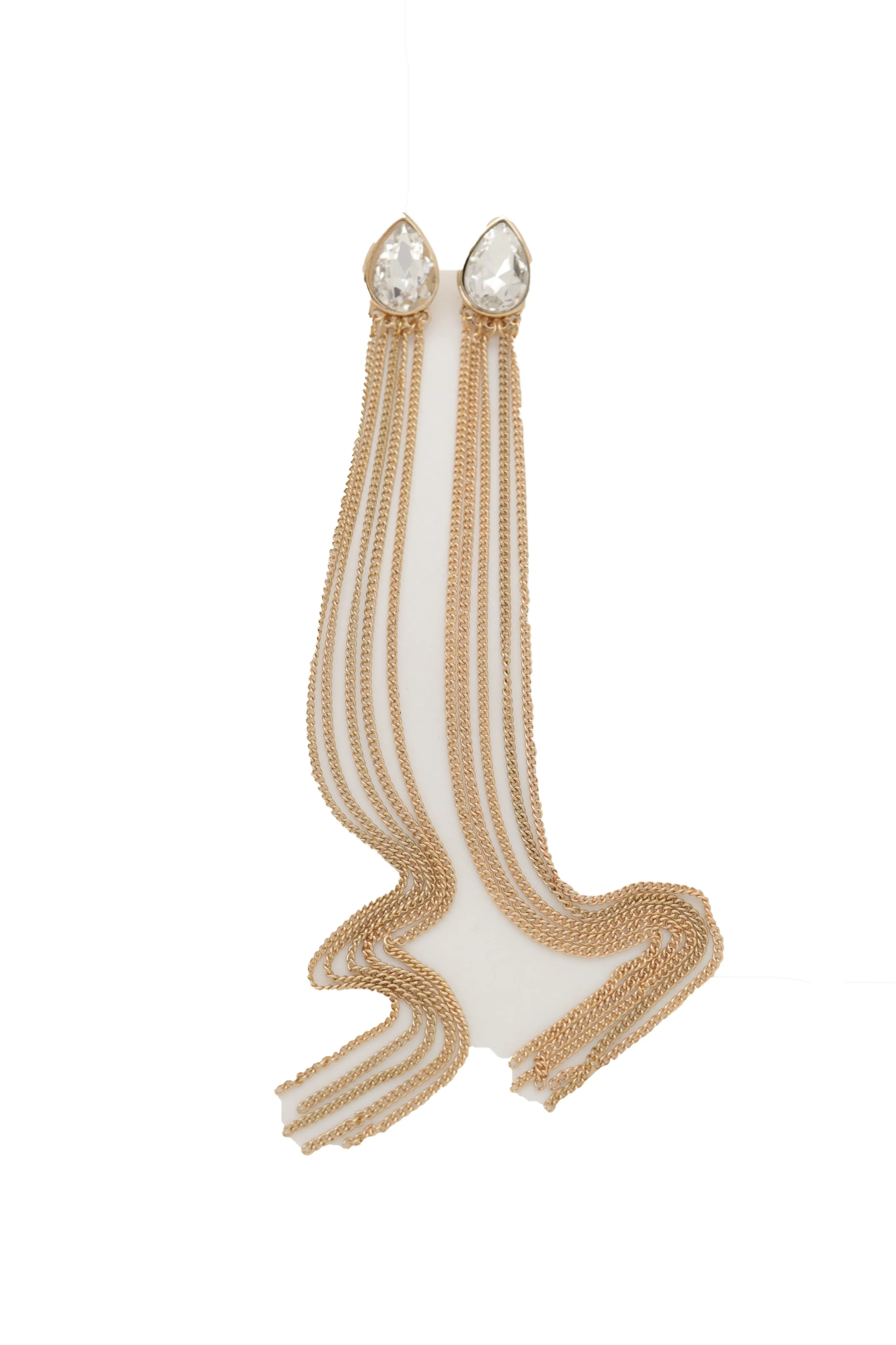 Silver Teardrop Gem Extra Long Gold Metal Tassel Earrings