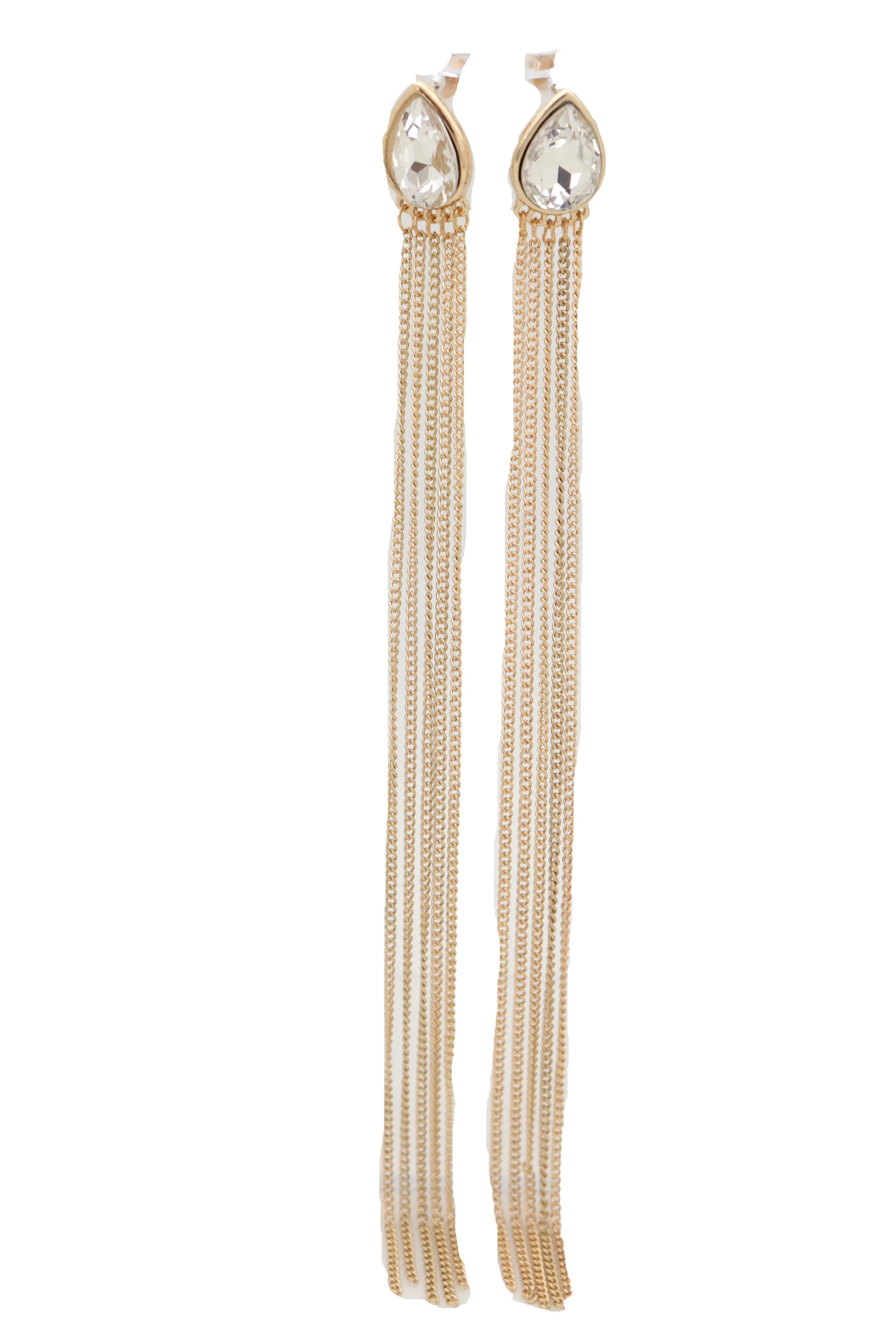 Silver Teardrop Gem Extra Long Gold Metal Tassel Earrings