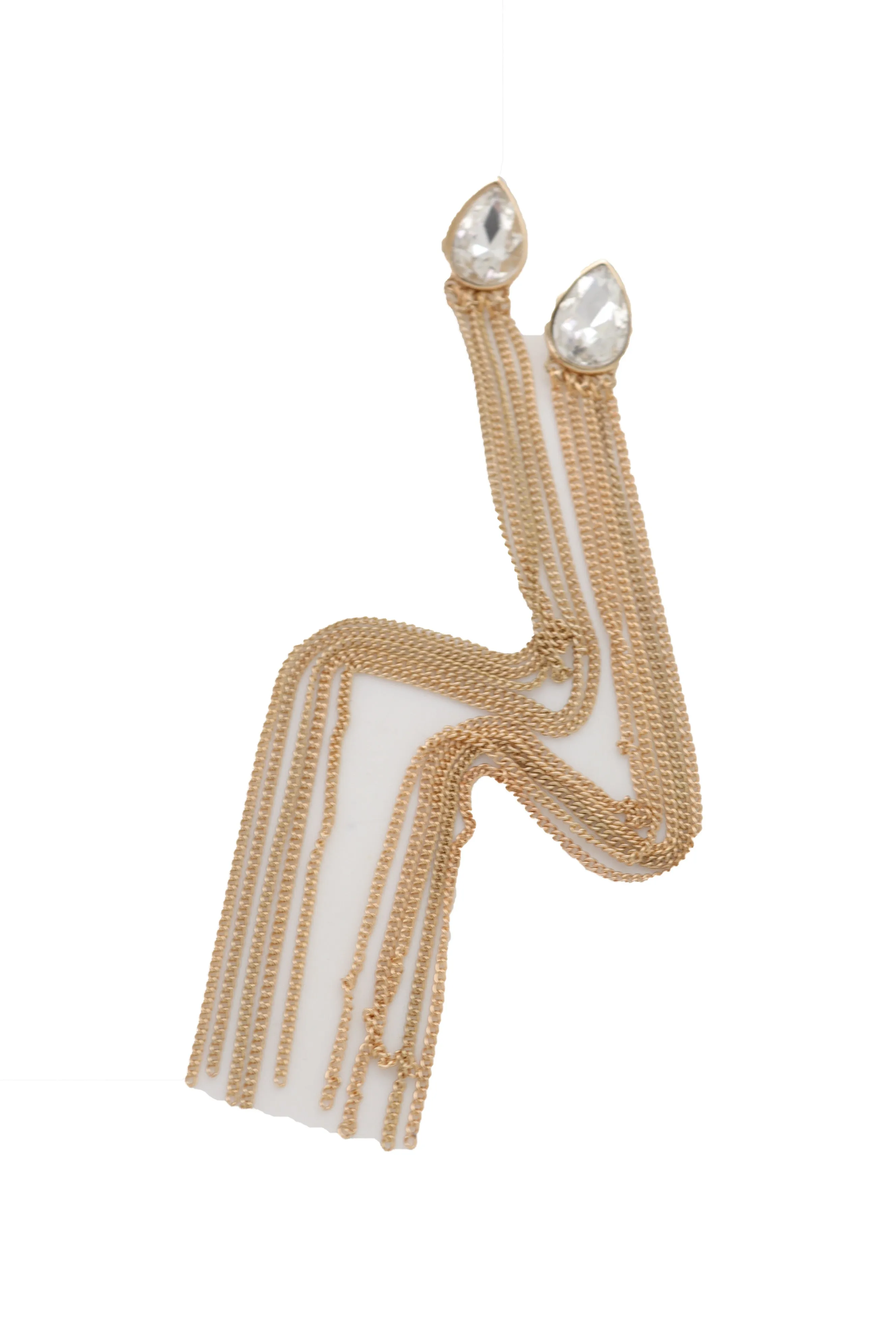 Silver Teardrop Gem Extra Long Gold Metal Tassel Earrings