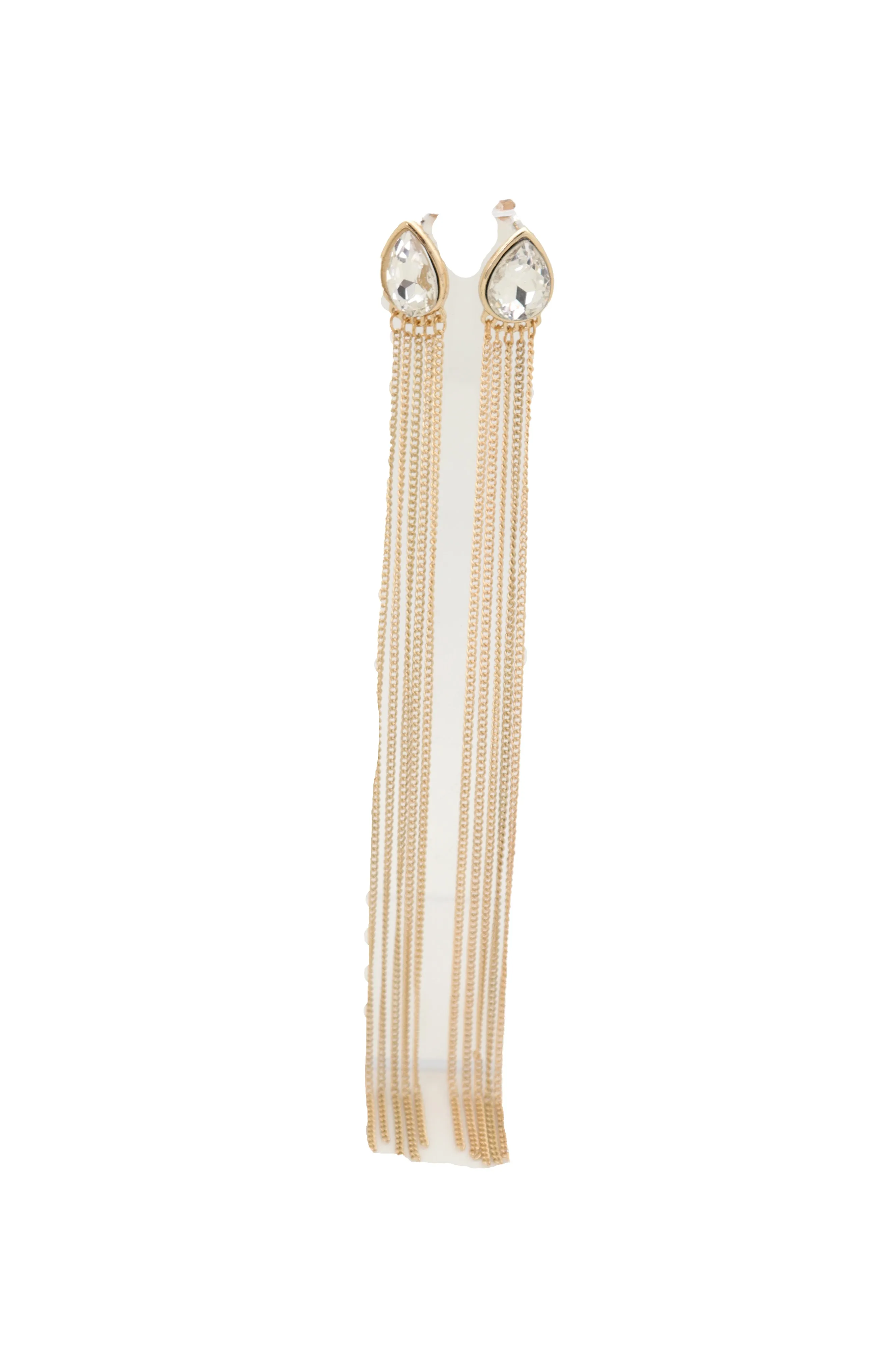 Silver Teardrop Gem Extra Long Gold Metal Tassel Earrings