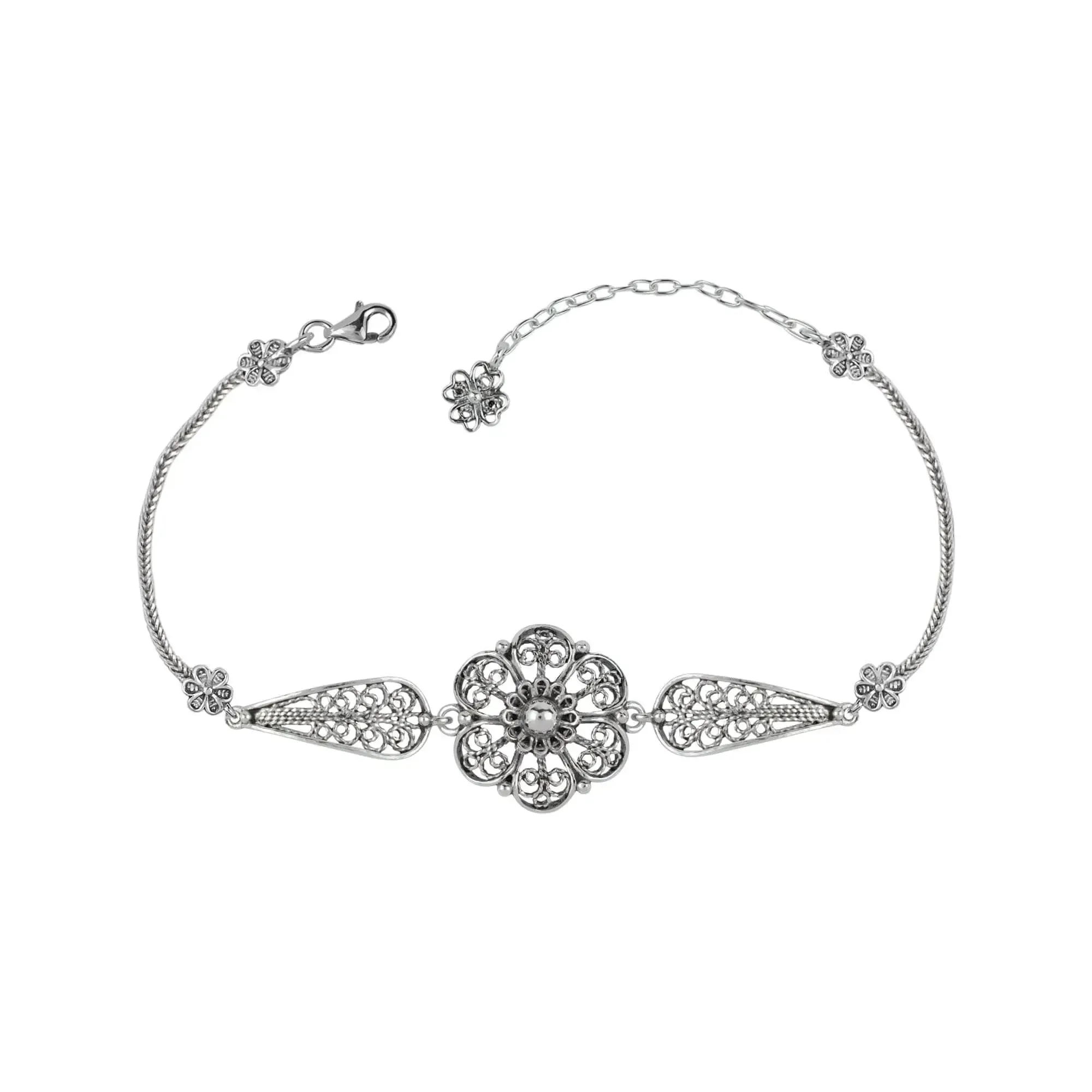 Sterling Silver Filigree Art Daisy Flower Design Woman Link Bracelet