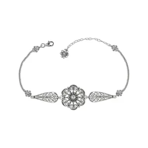 Sterling Silver Filigree Art Daisy Flower Design Woman Link Bracelet