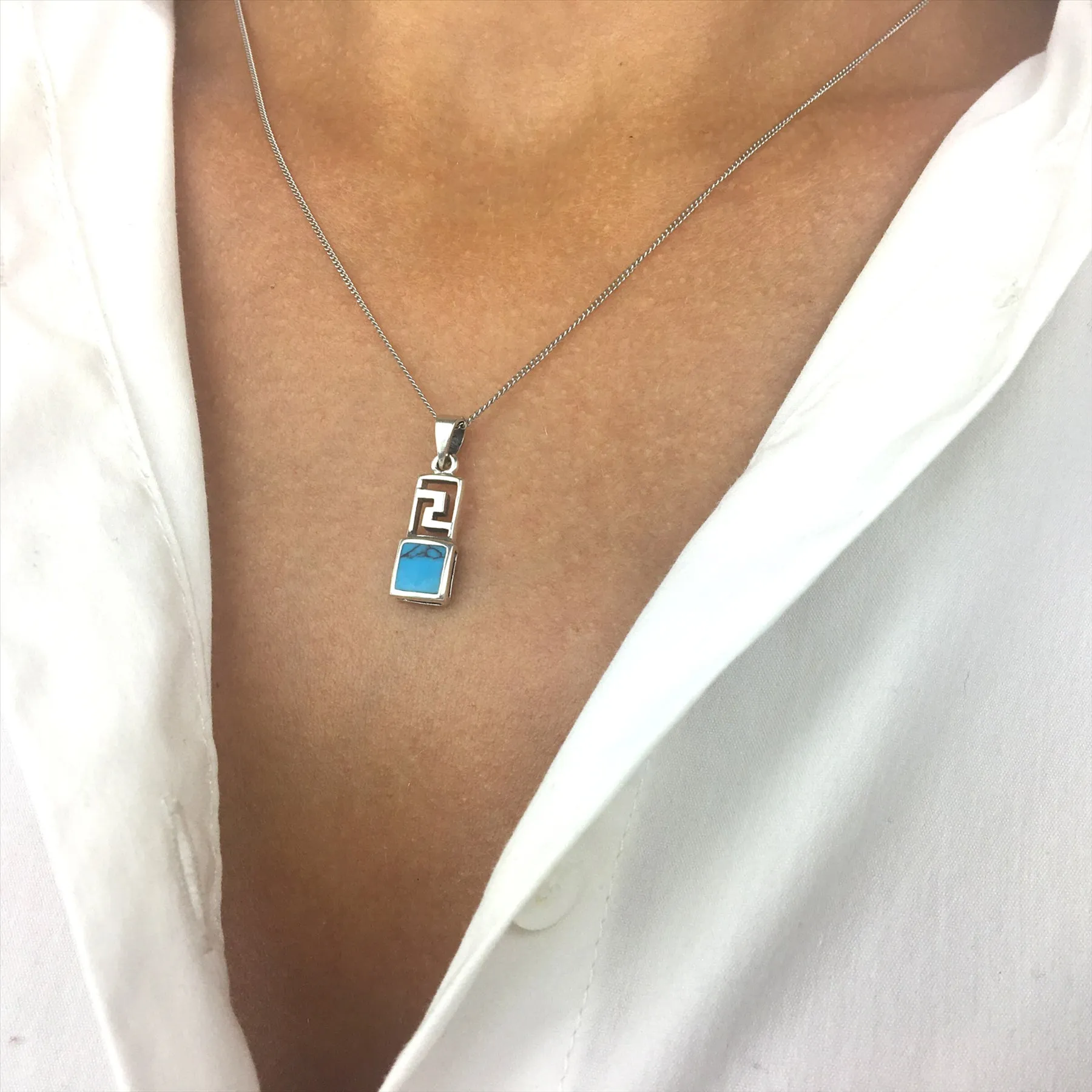 Sterling Silver Turquoise Small Rectangle Aztec Style Pendant Necklace