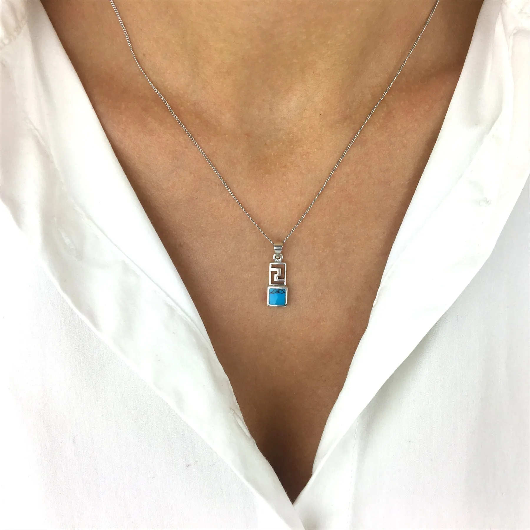 Sterling Silver Turquoise Small Rectangle Aztec Style Pendant Necklace