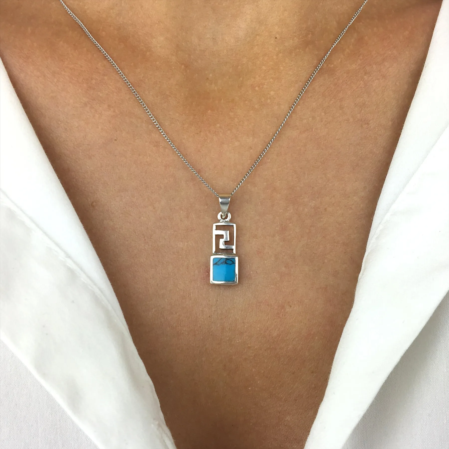 Sterling Silver Turquoise Small Rectangle Aztec Style Pendant Necklace