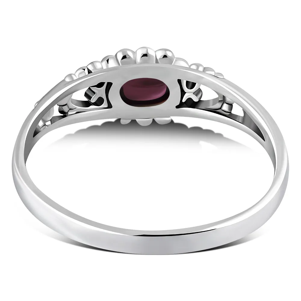 Thin Heart Garnet Stone Silver Ring