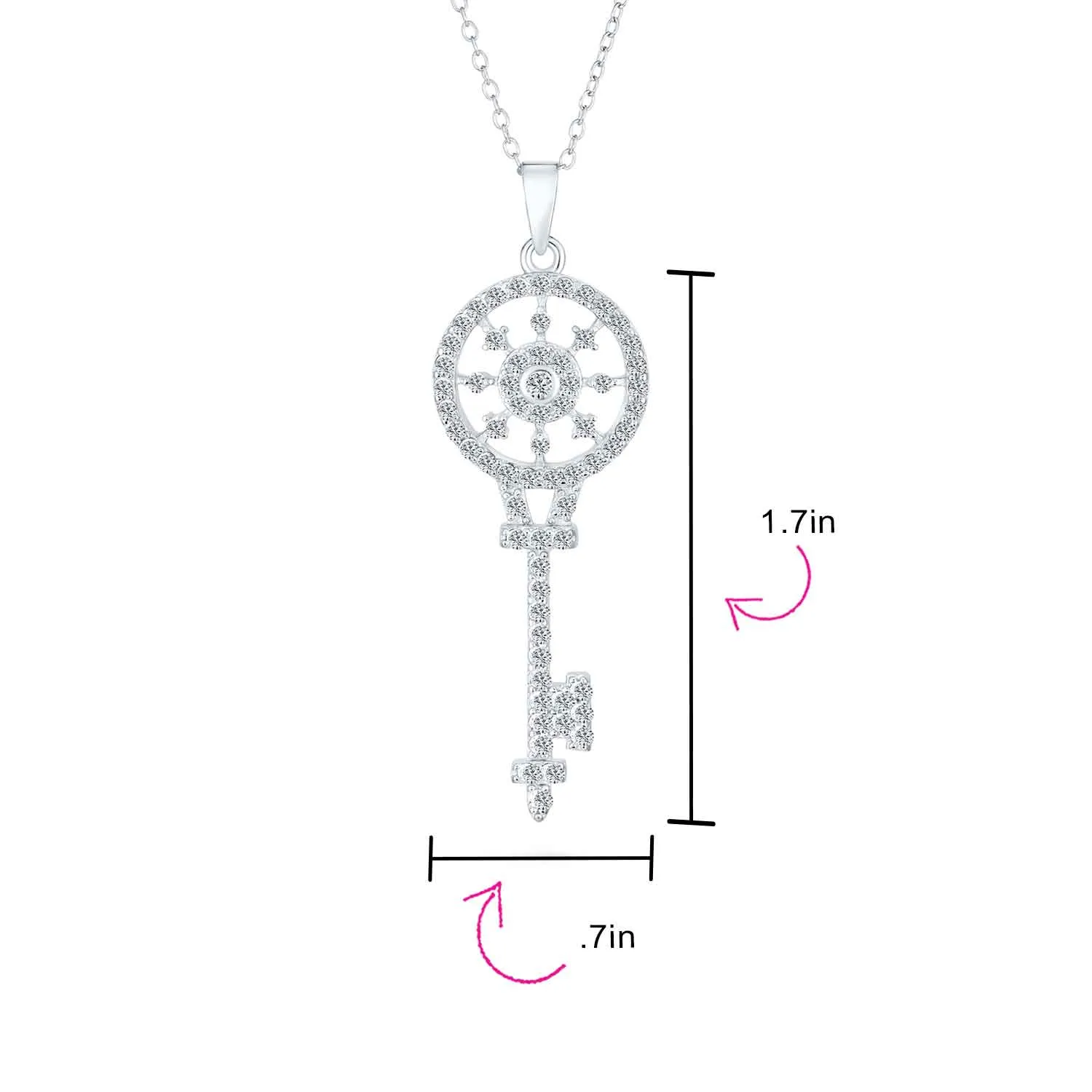 Vintage Victorian Sunburst Key Pendant Necklace in Sterling Silver with CZ