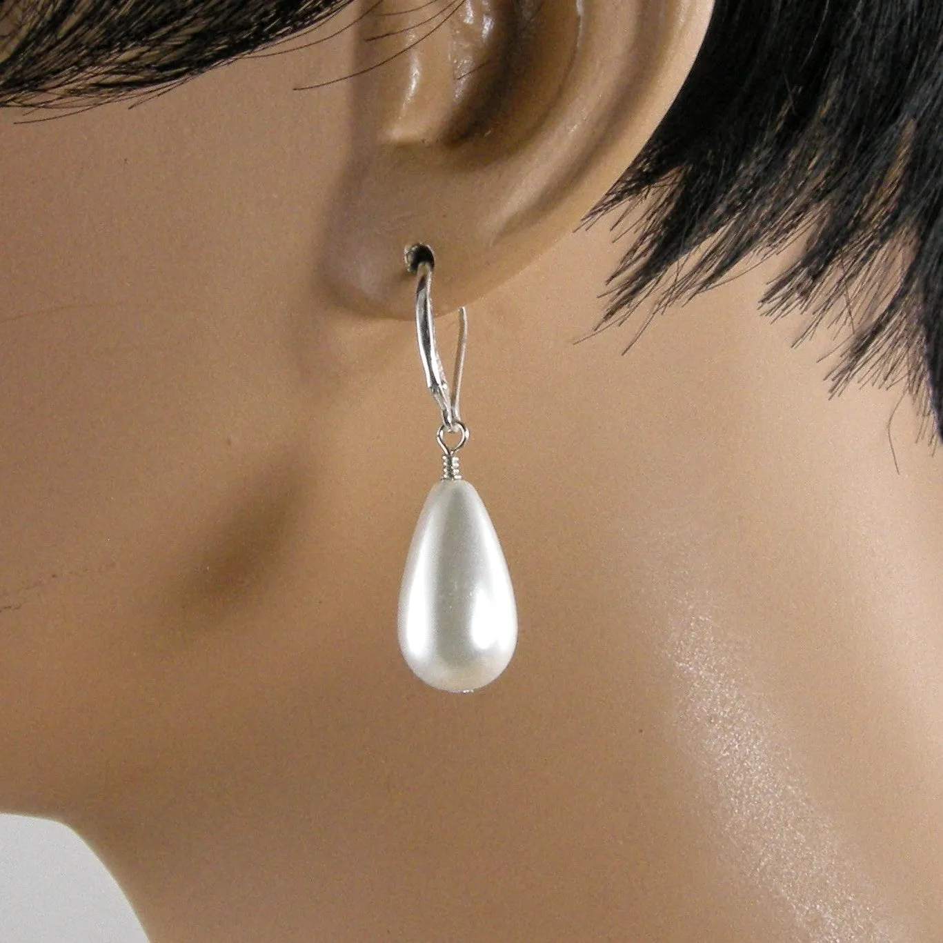 White Teardrop Pearl Earrings Gold and Silver, Classic Teardrop Pearl Earrings