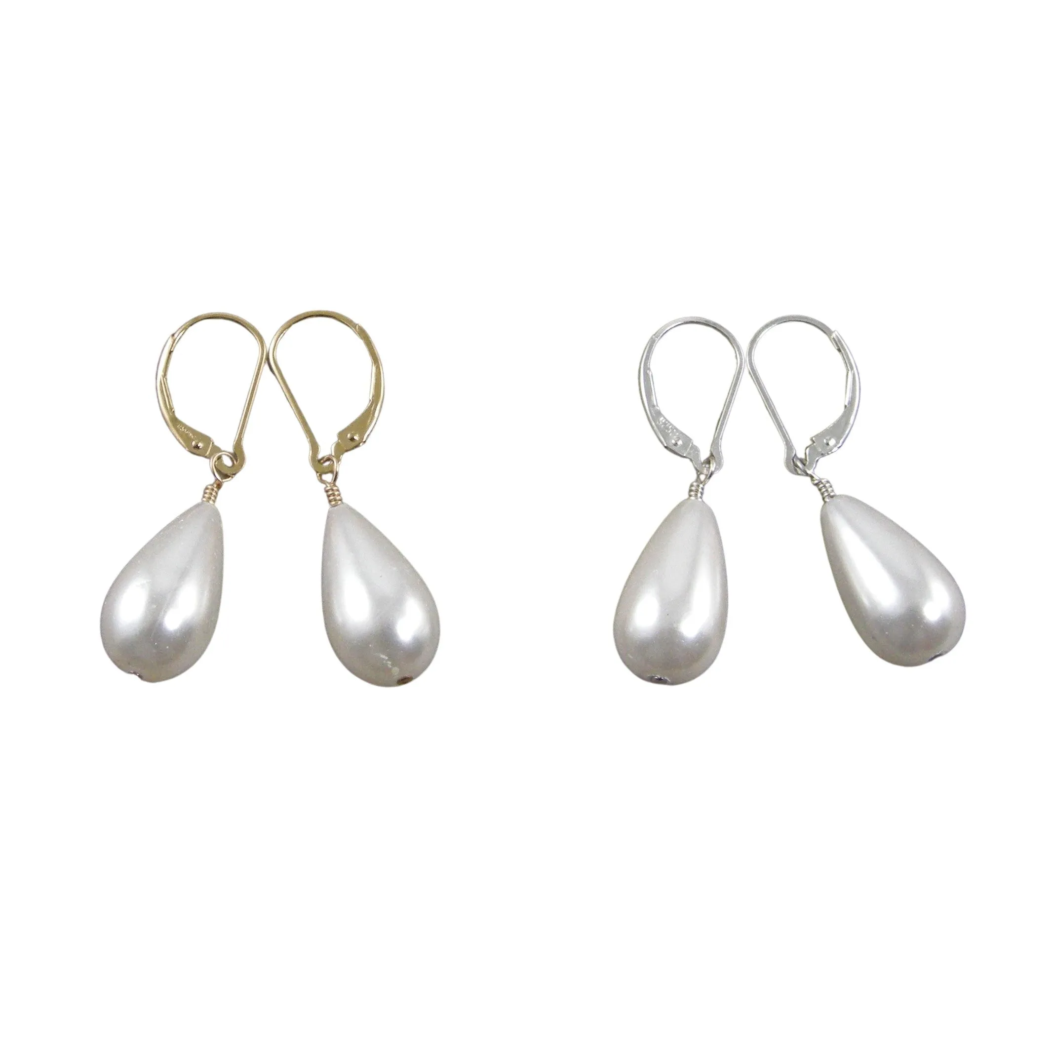 White Teardrop Pearl Earrings Gold and Silver, Classic Teardrop Pearl Earrings