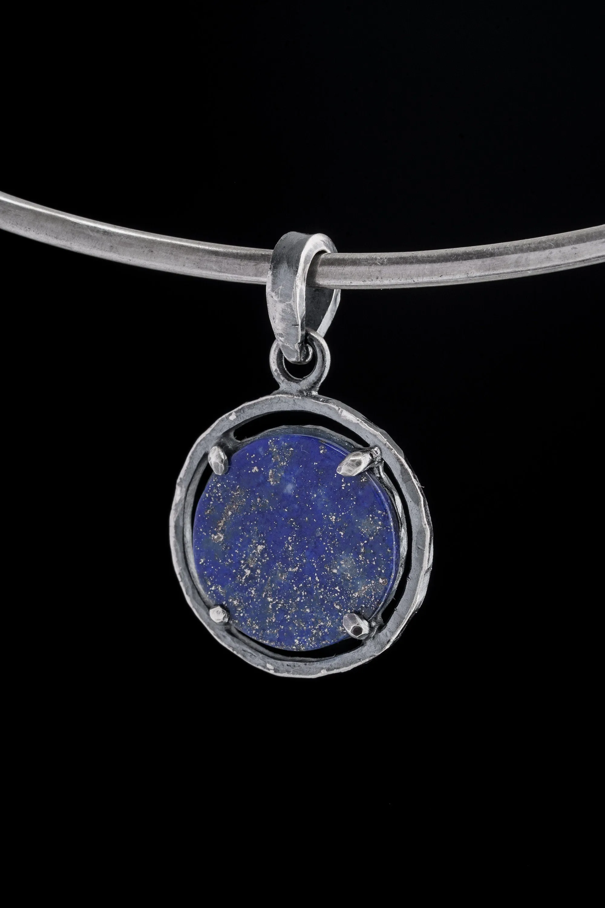 Wisdom & Sparkle: Lapis Lazuli and Pyrite - Oxidised Sterling Silver - Strong Claw Setting - Hammer Textured - Pendant Crystal Necklace